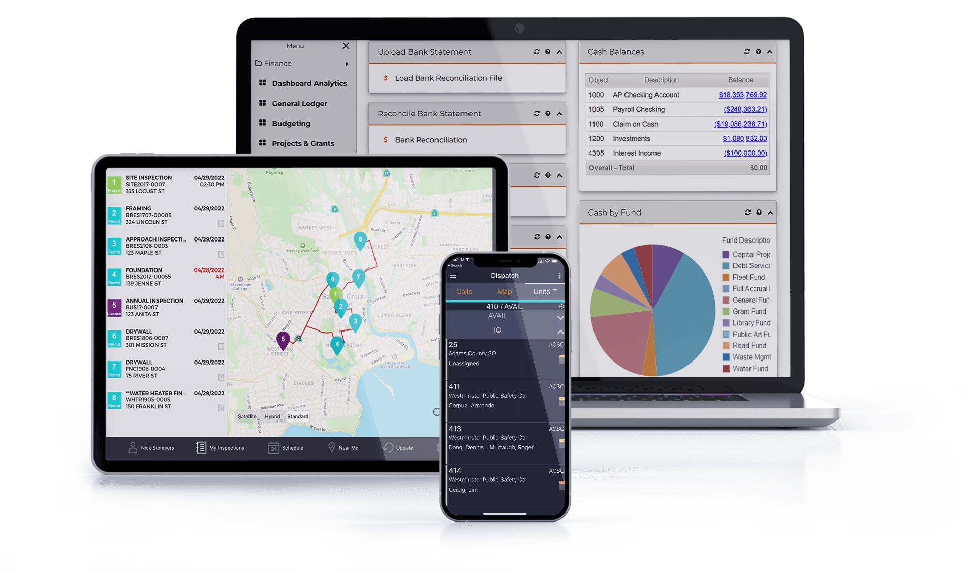 A laptop, tablet and mobile phone each show a different view of CentralSquare Healthcare solution interface.