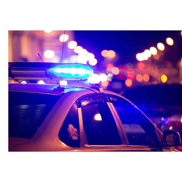 Dark image of a police car at night with lights on.