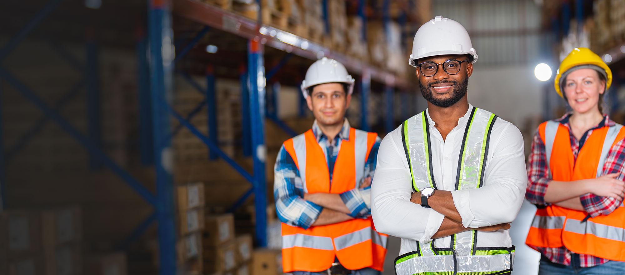 A background image featuring public workers in safety vests and hardhats in a warehouse setting.