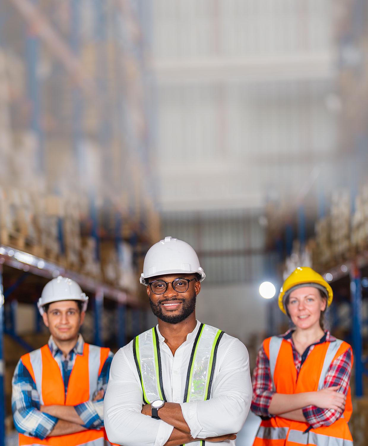 A background image featuring public workers in safety vests and hardhats in a warehouse setting.