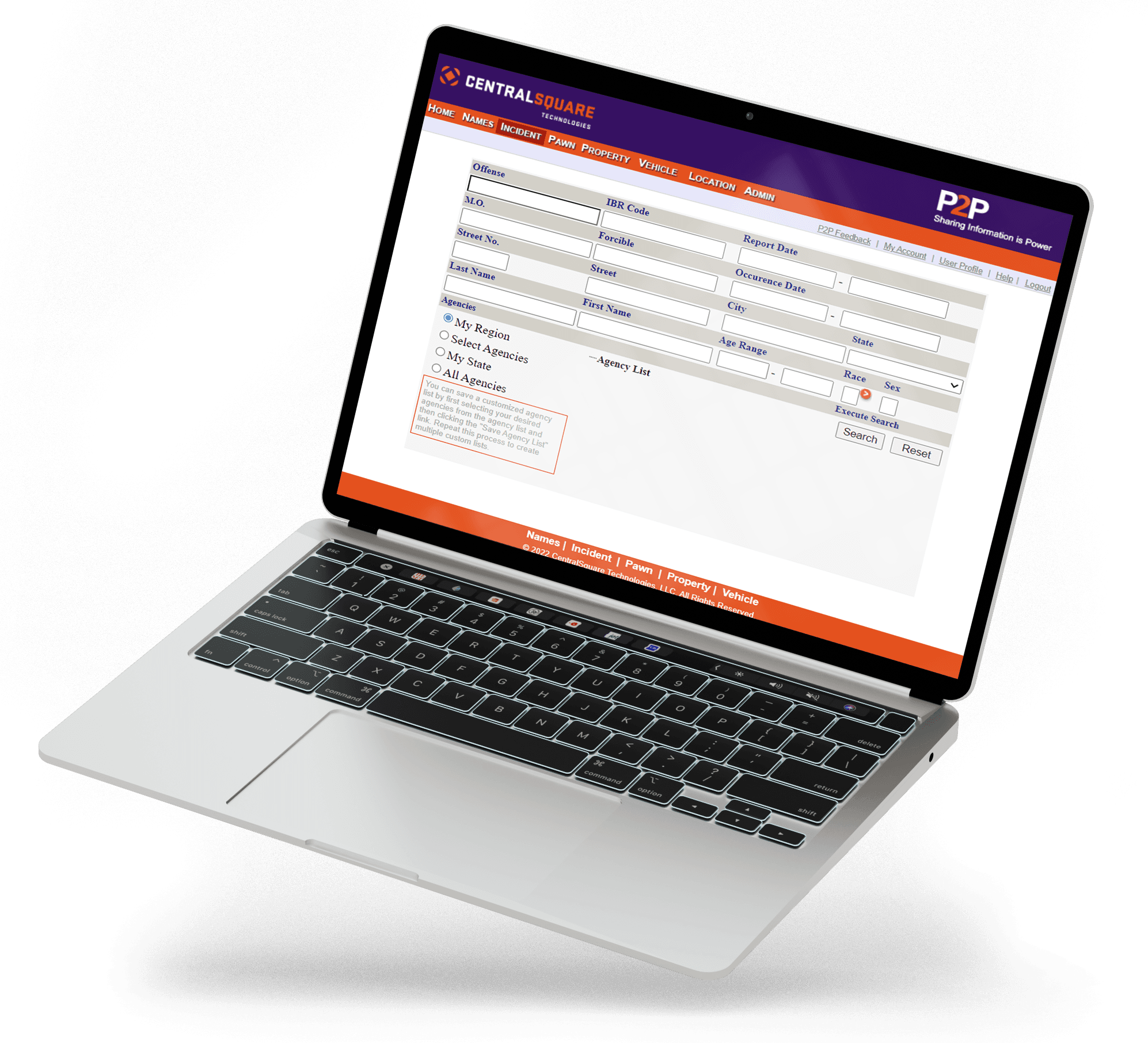 A laptop shows a database view of CentralSquare's Police to Police software solution.