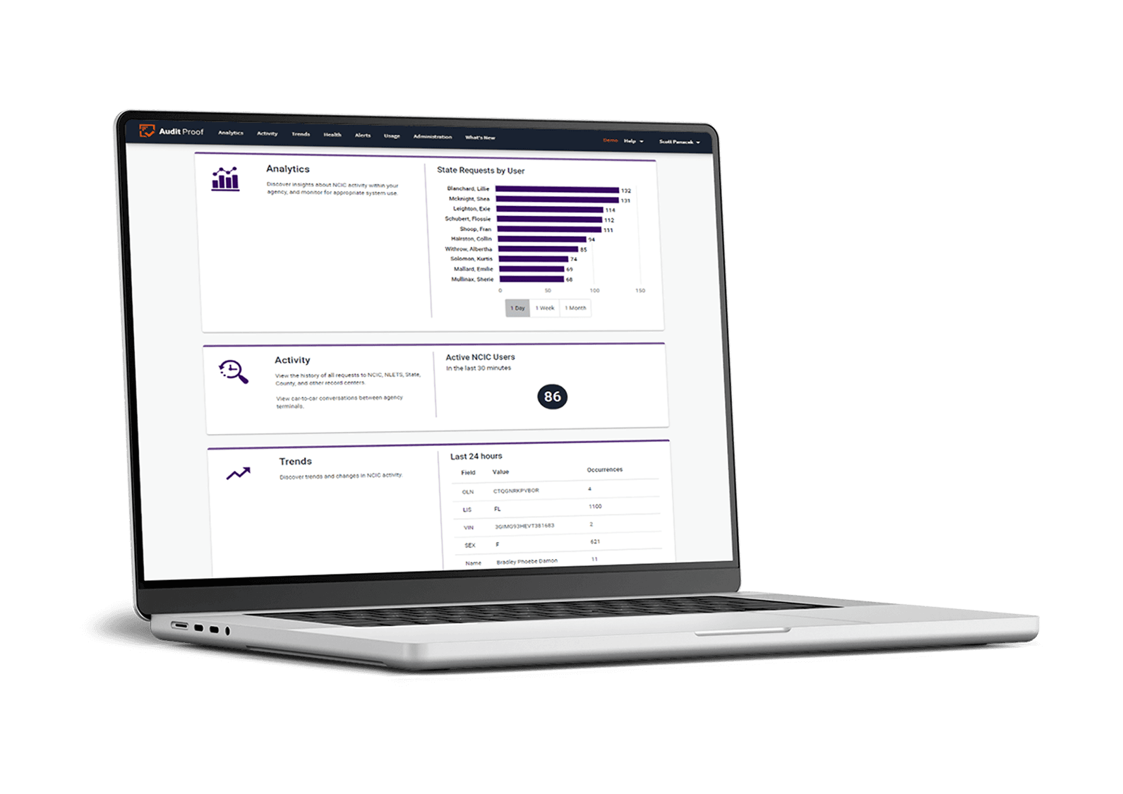 A laptop displays the interface of CentralSquare's Audit Proof software.