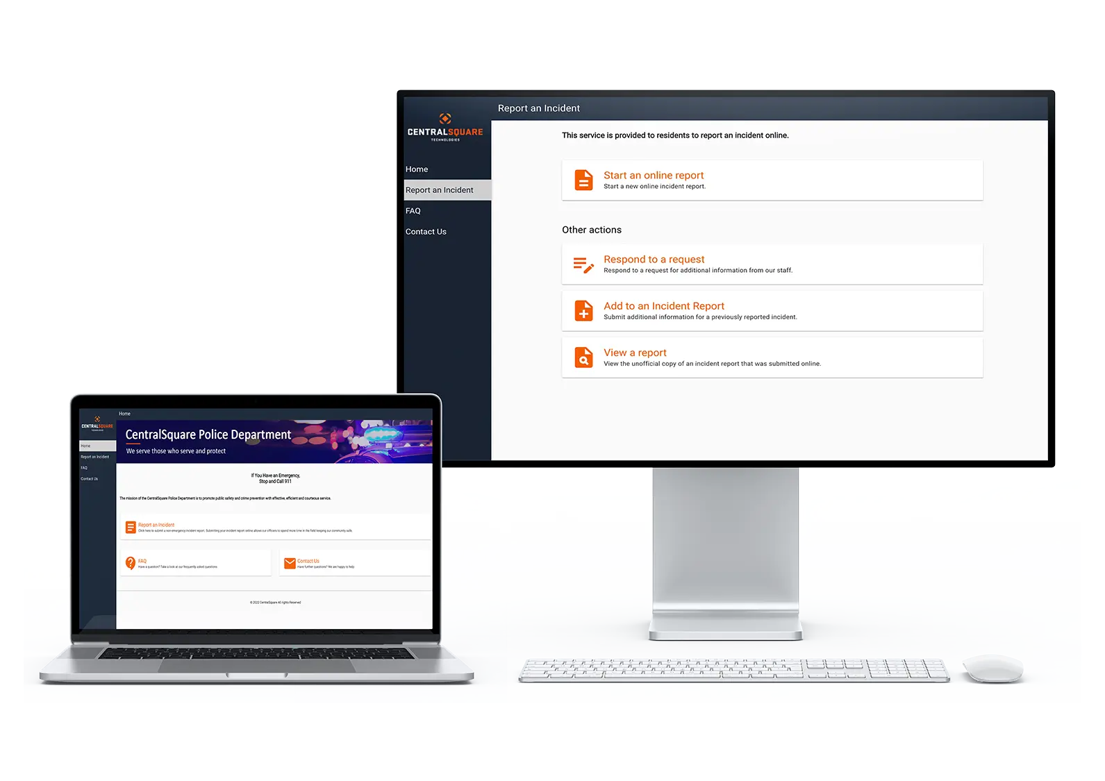 A laptop and desktop mockup of the Citizen Reporting dashboard.