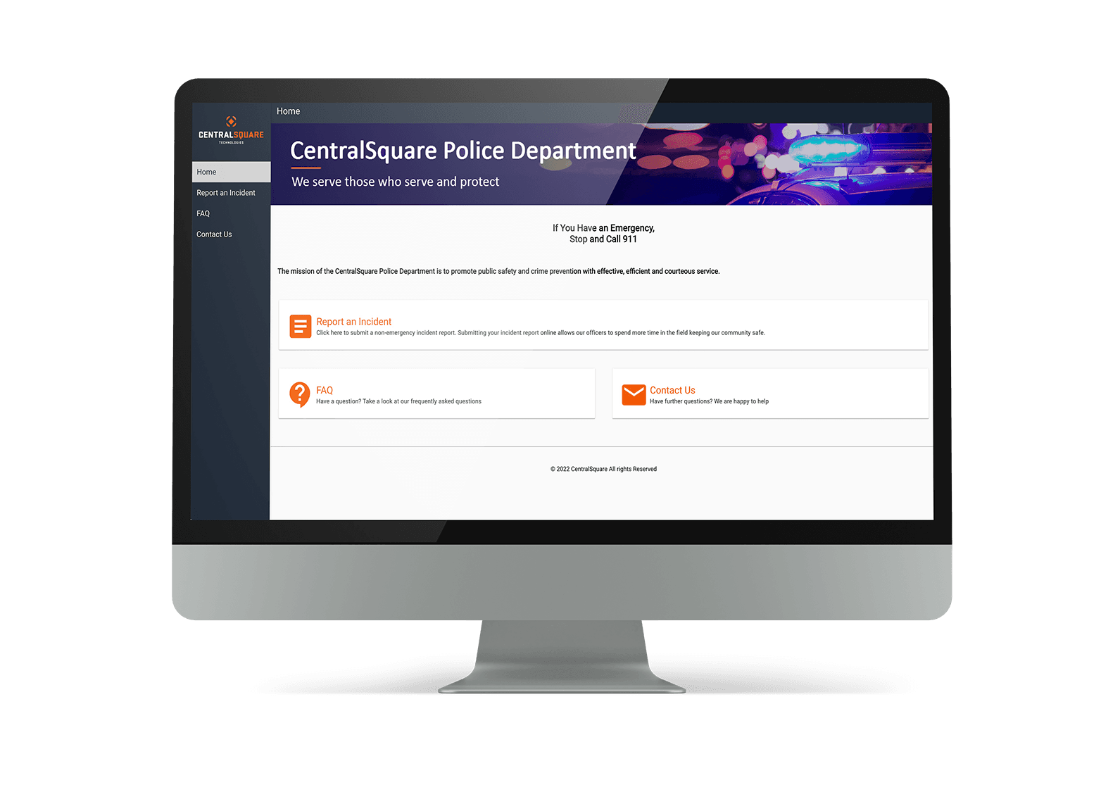 A desktop computer displays CentralSquare's Citizen Reporting solution.