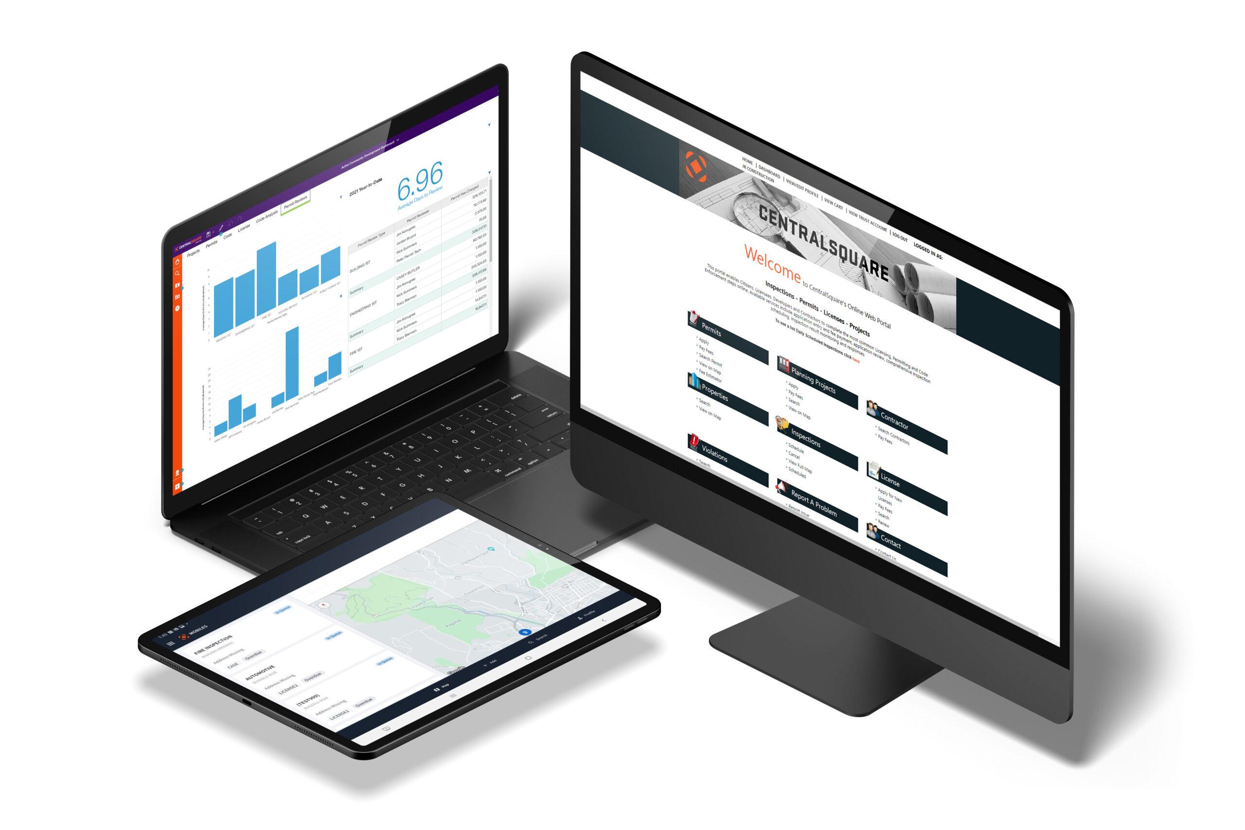 CentralSquare's Community Development software is displayed on a desktop, laptop and tablet showing the immense flexibility to organizations' permitting needs.