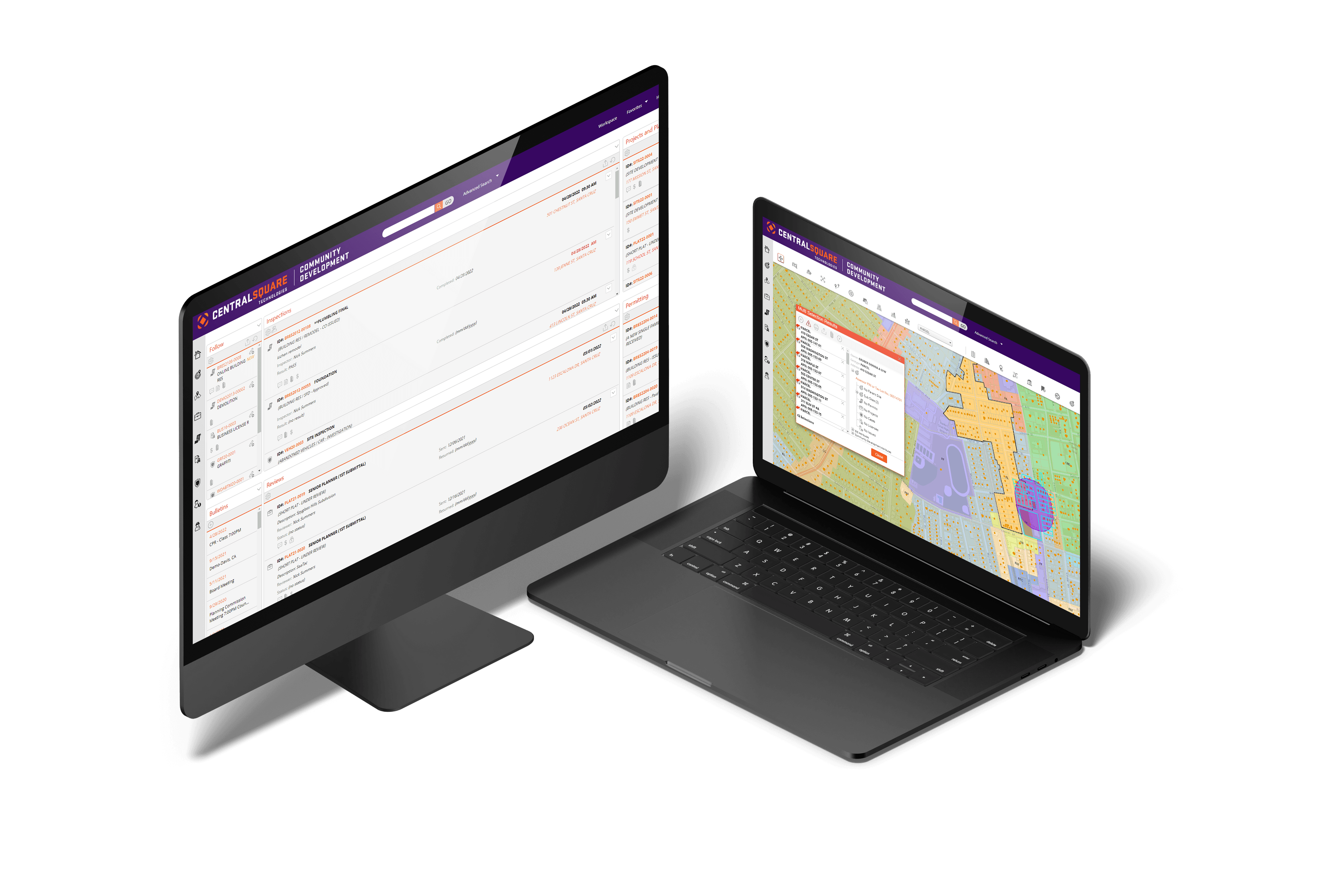 CentralSquare's Community Development software is displayed on a desktop, laptop and tablet showing the immense flexibility to organizations' permitting needs.