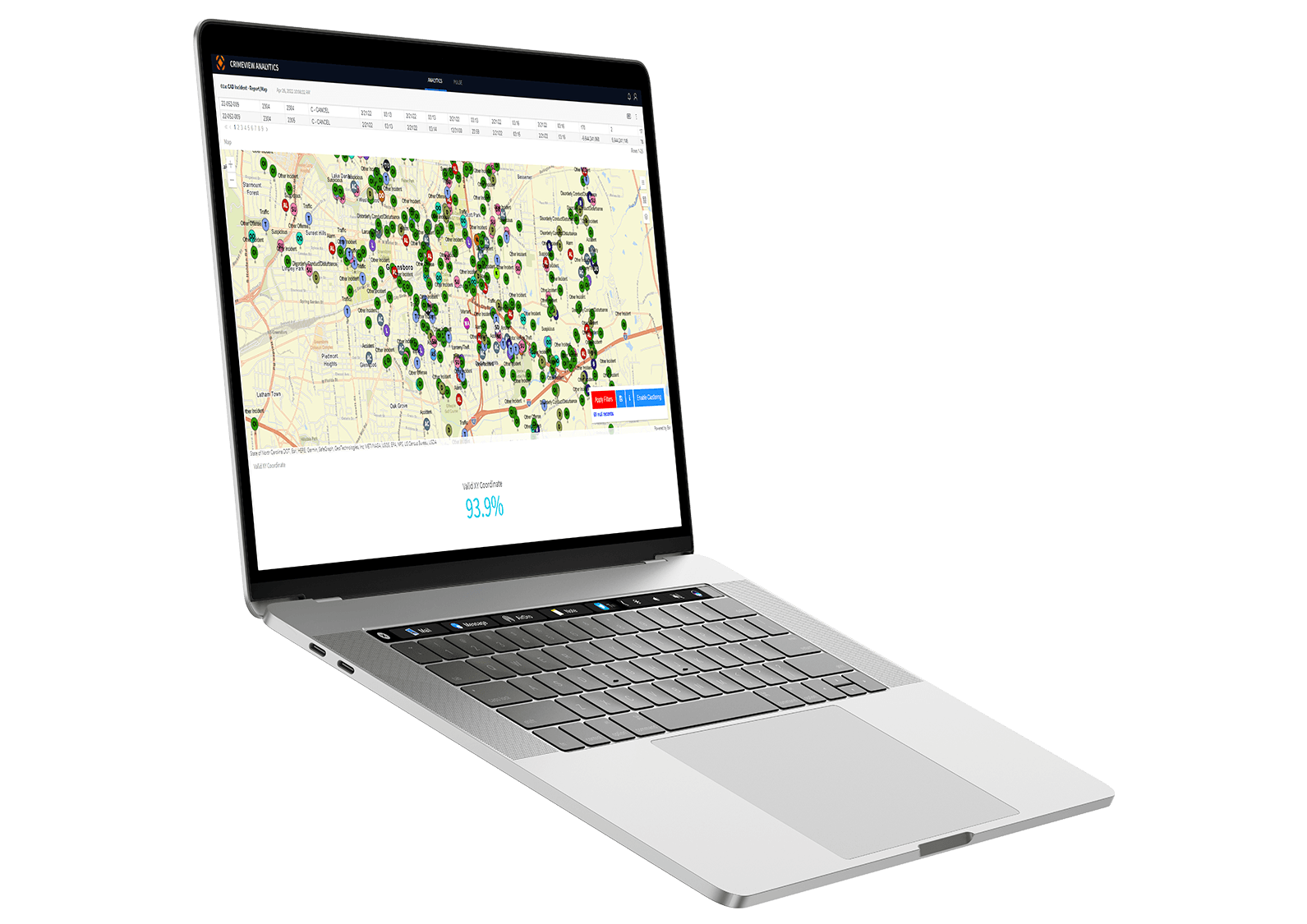 A laptop displays a map view of CentralSquare's Crimeview solution.