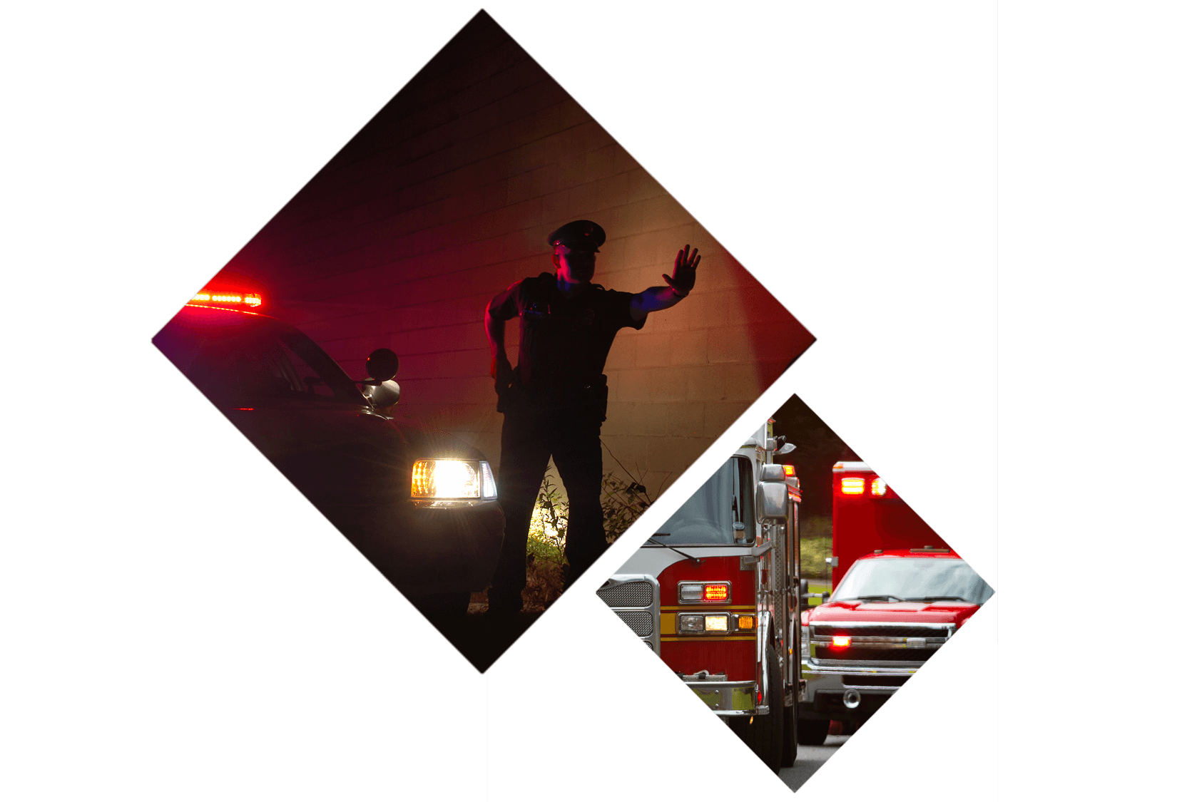 Diamond-shaped photos used showing an ambulance as well as the silhouette of an officer standing in front of his patrol car.