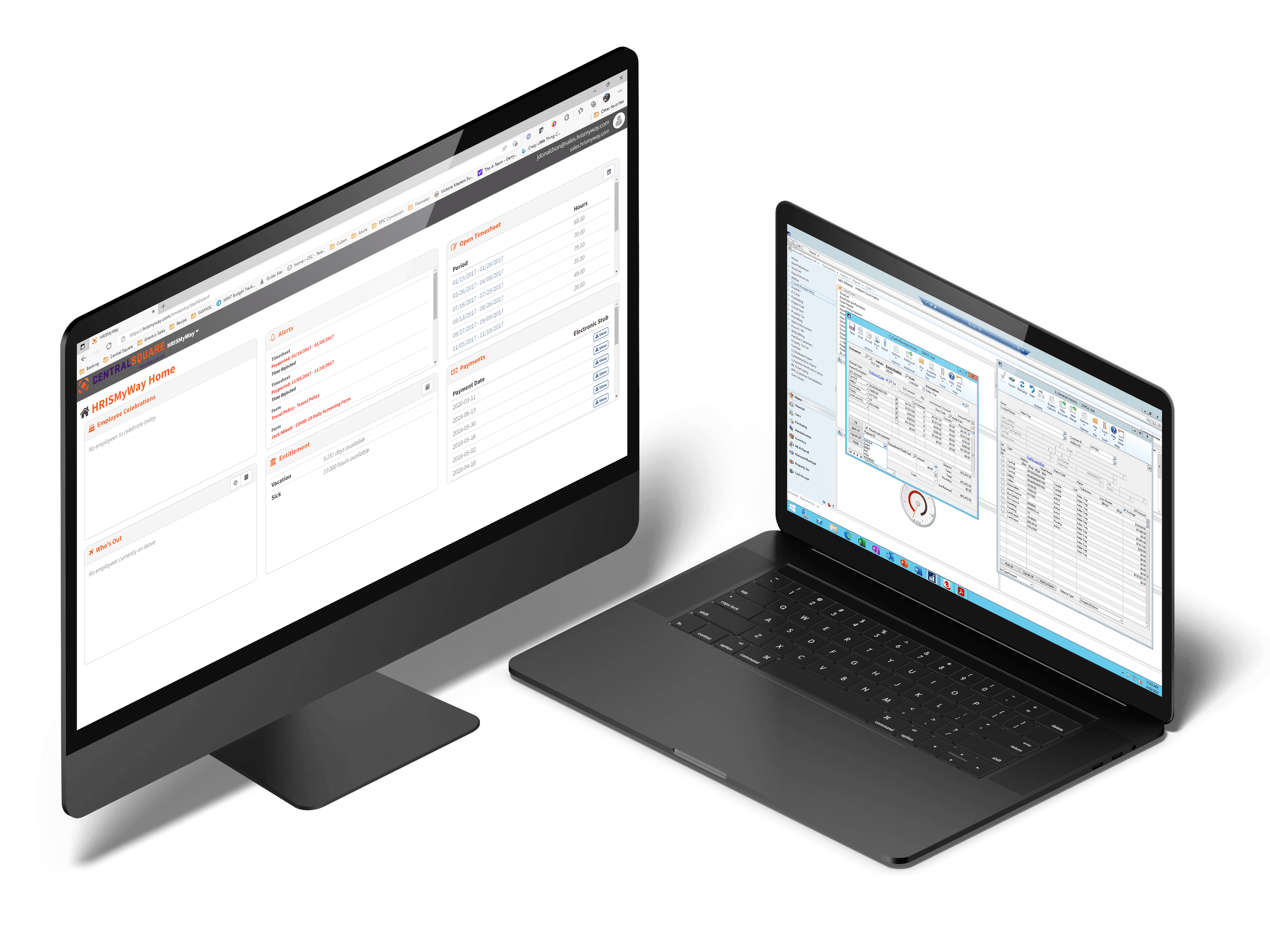 A desktop and laptop computer display interface views from CentralSquare's Diamond solution.