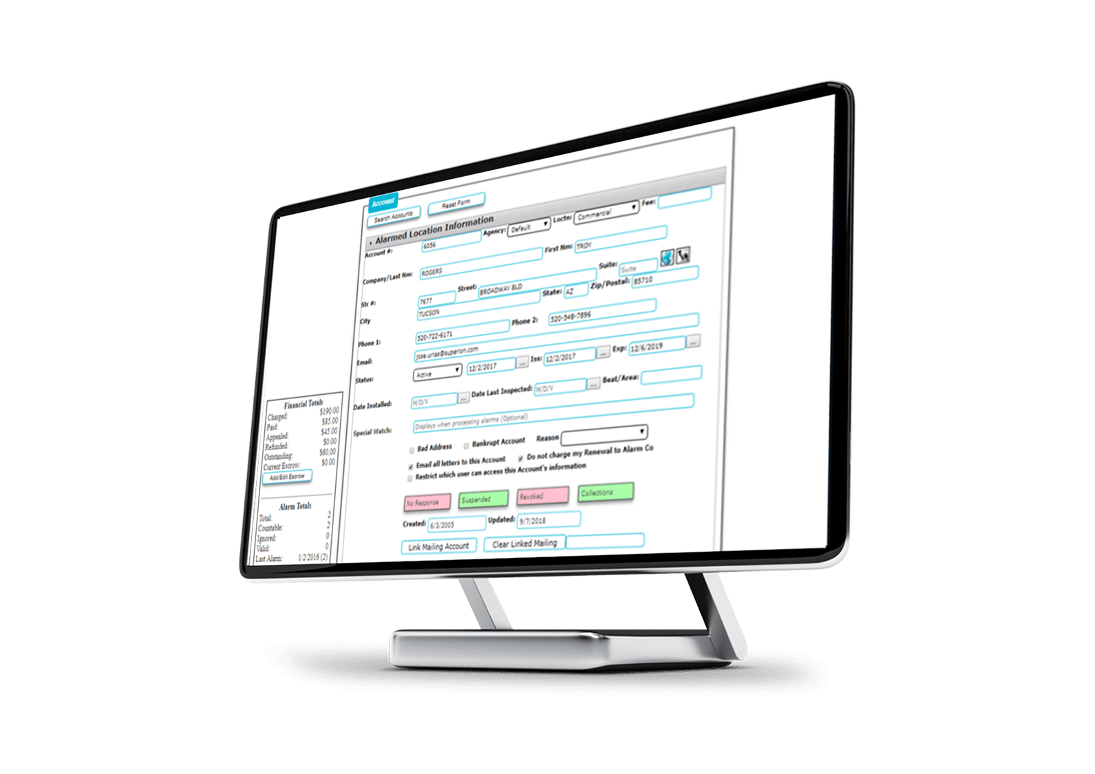 A desktop computer screen displays CentralSquare's False Alarm Management software.