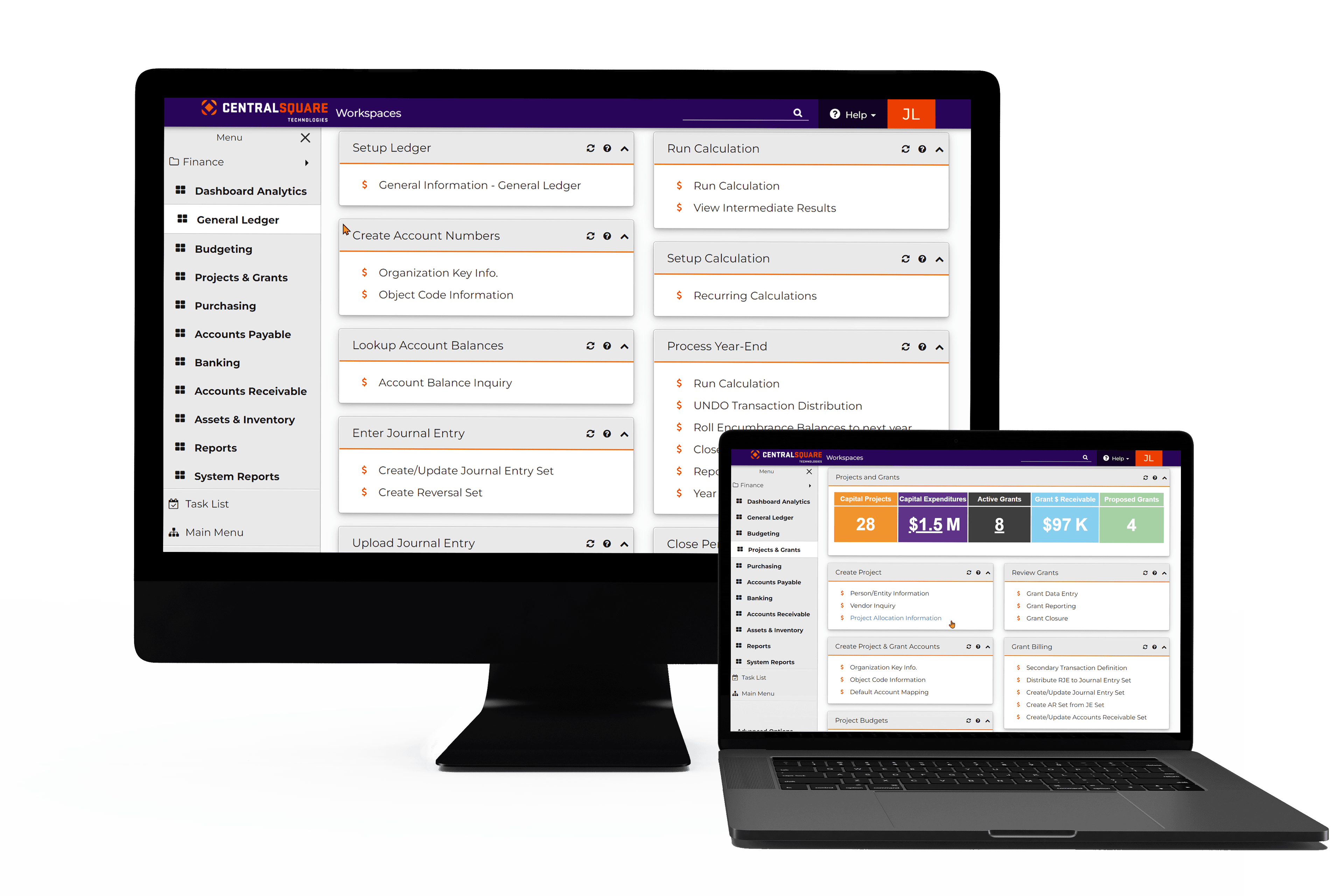 A desktop and laptop screen display different views of CentralSquare's Finance Enterprise Solution.