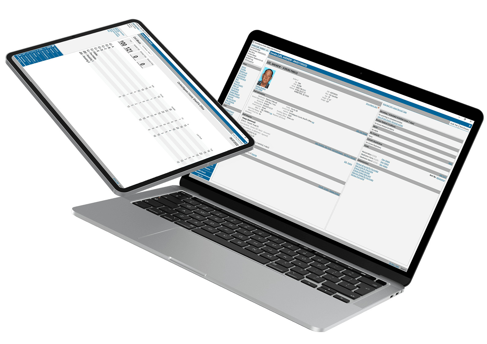 A laptop and tablet displaying CentralSquare's jail management system.