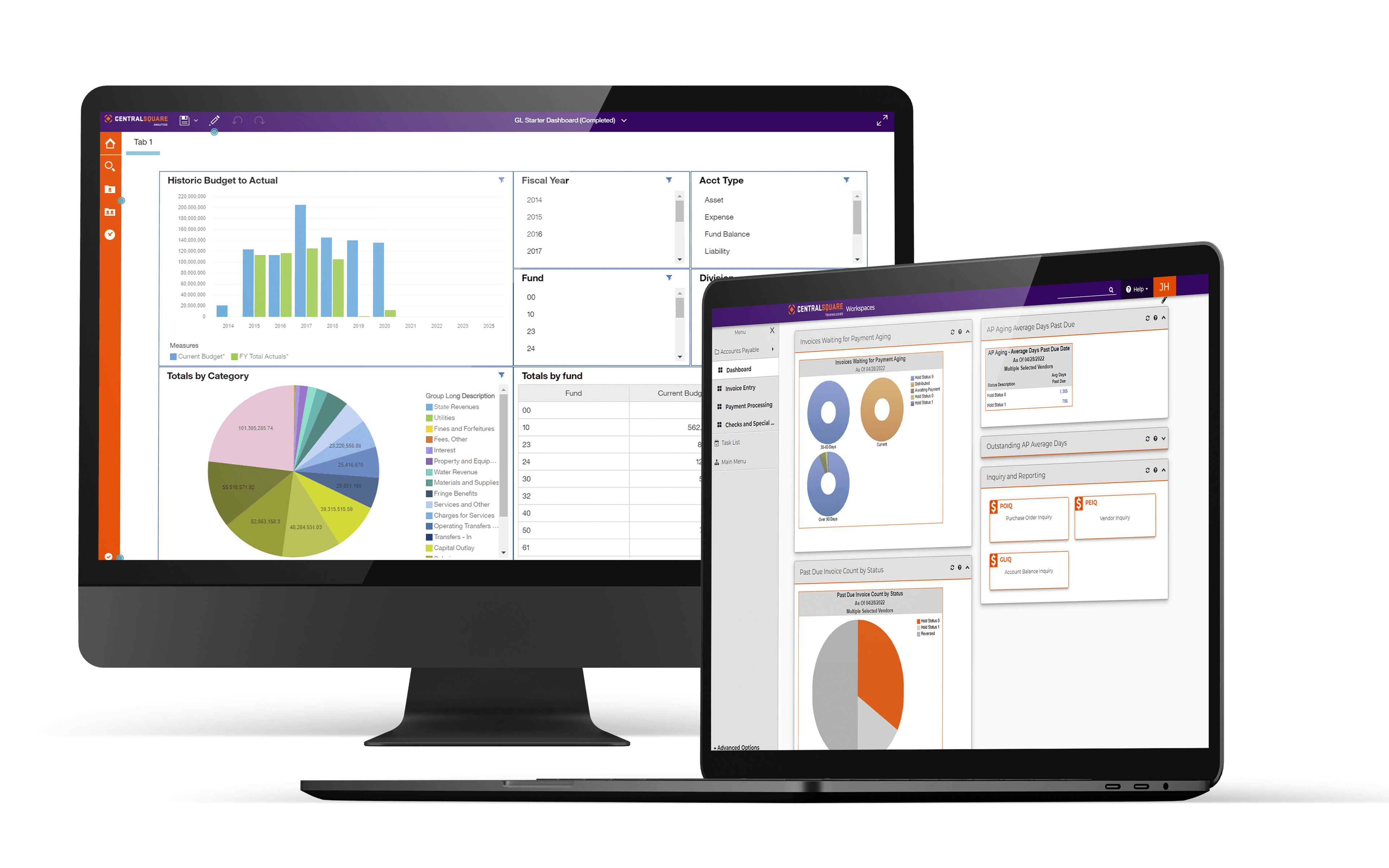 A desktop screen and laptop screens display a screenshot of the CentralSquare Analytics data dashboards.