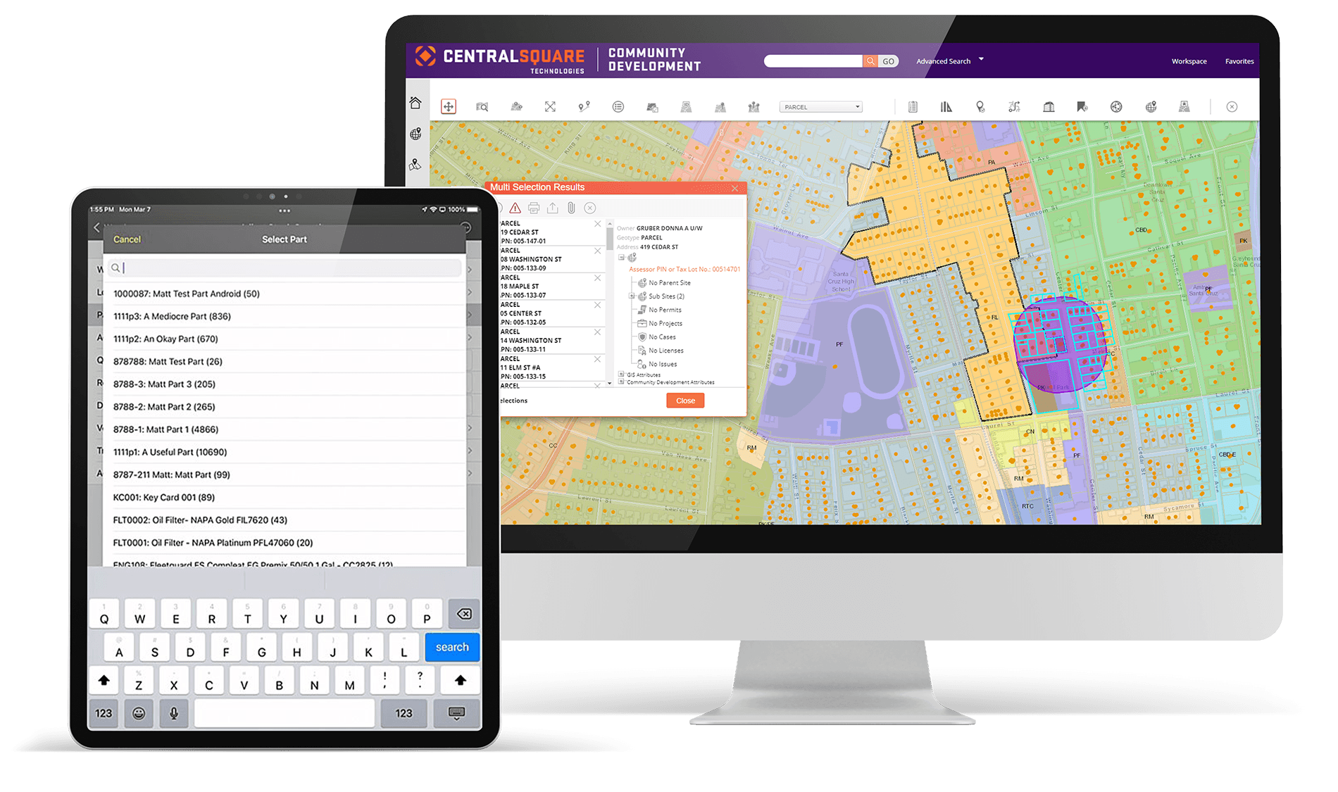 CentralSquare's Community Development software is displayed on a laptop and tablet side by side.