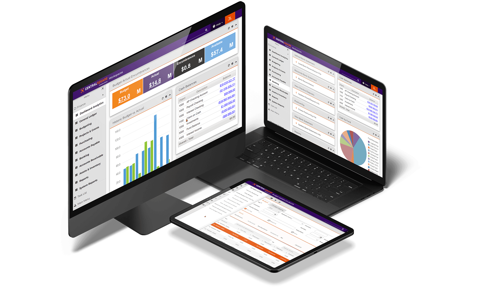 A desktop, laptop and tablet all display different views of the CentralSquare Finance Enterprise solutions.