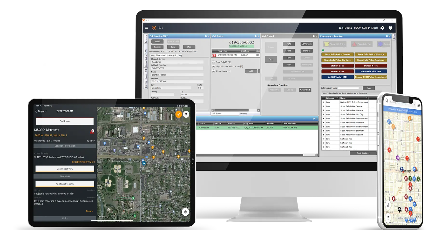 An image showing CentralSquare's Public Safety Suite on a desktop, tablet and mobile phone.