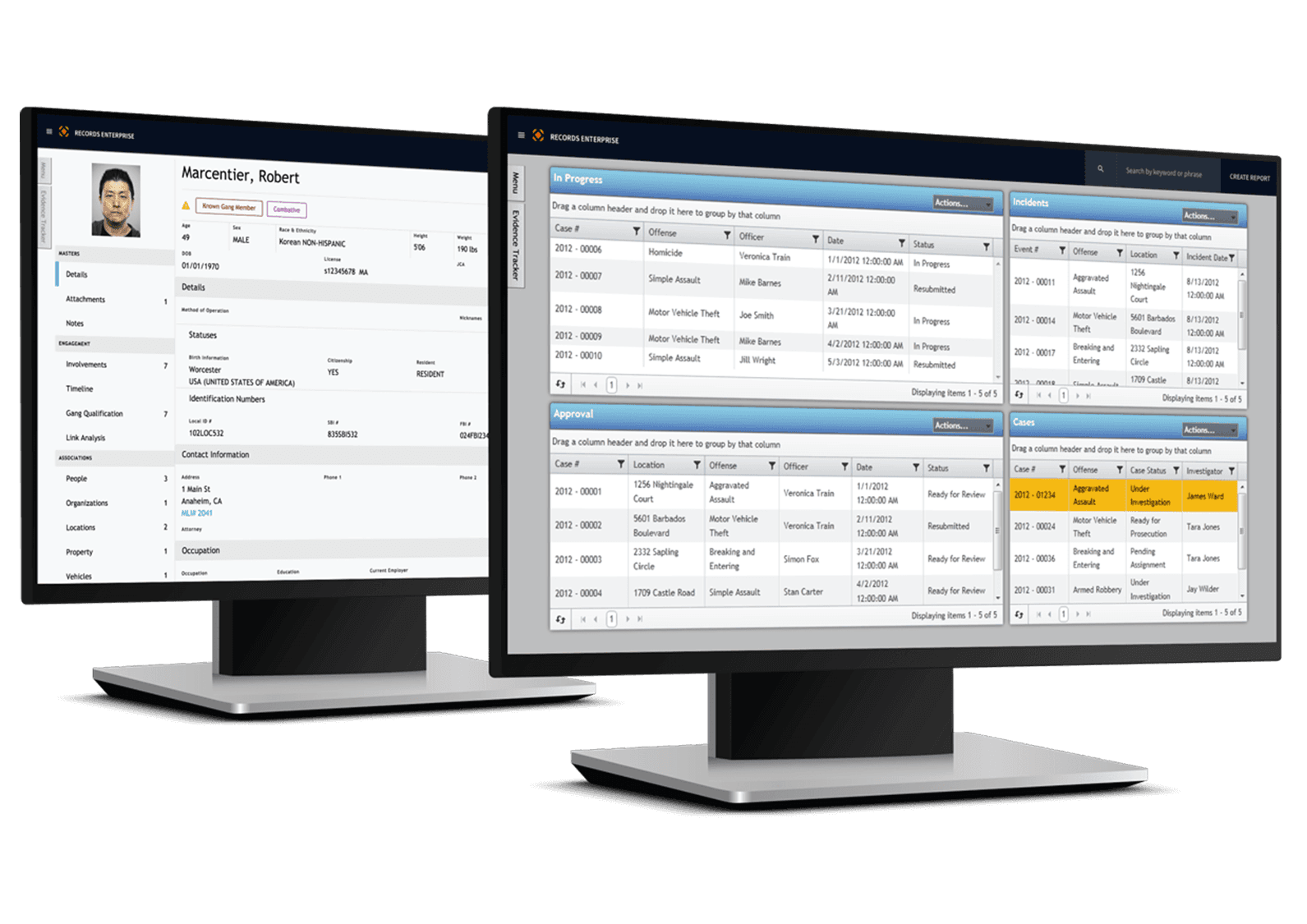 Two computer monitors are running CentralSquare's Records Management System solution.