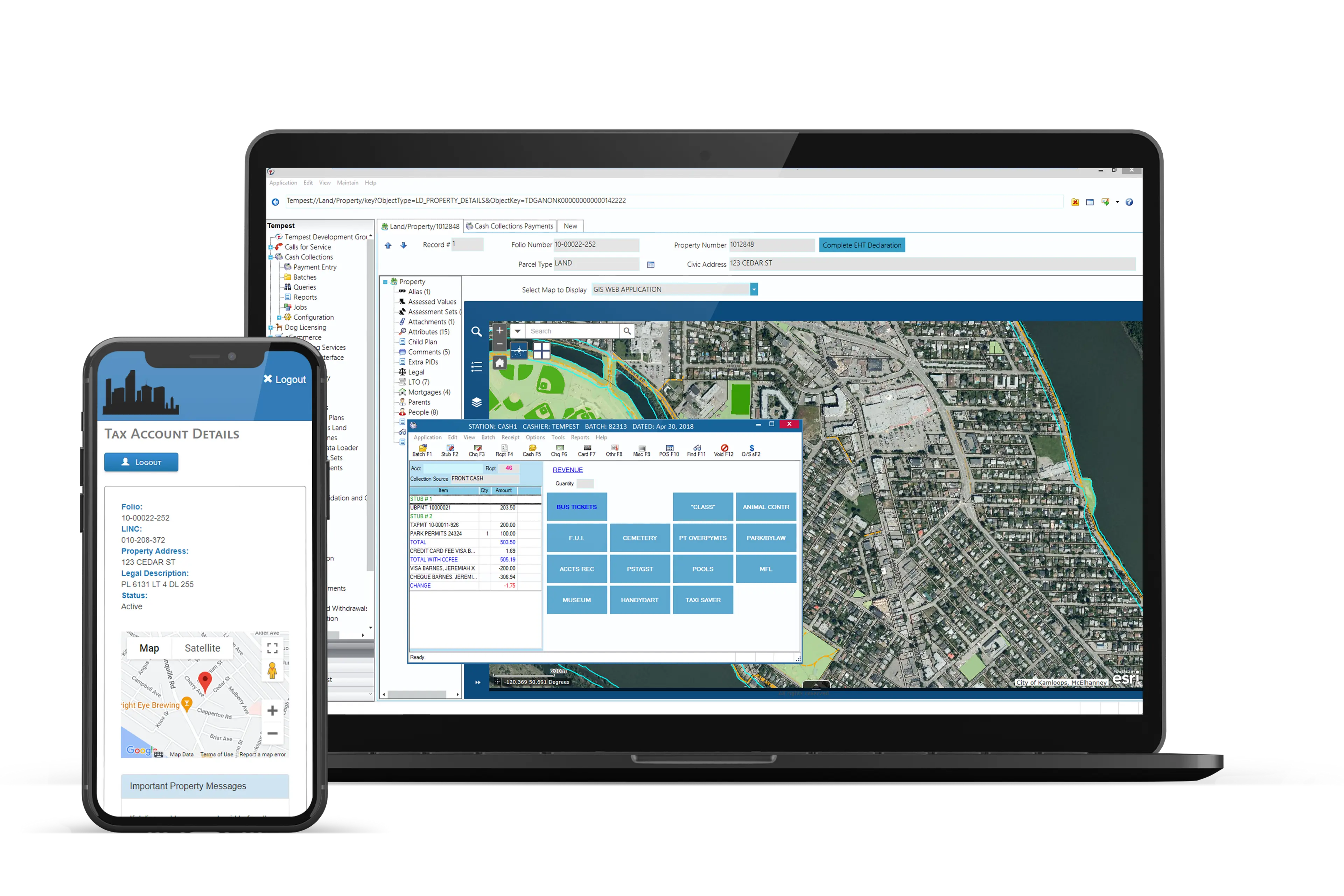 A desktop and mobile phone with a screenshot of the CentralSquare Tempest solution.