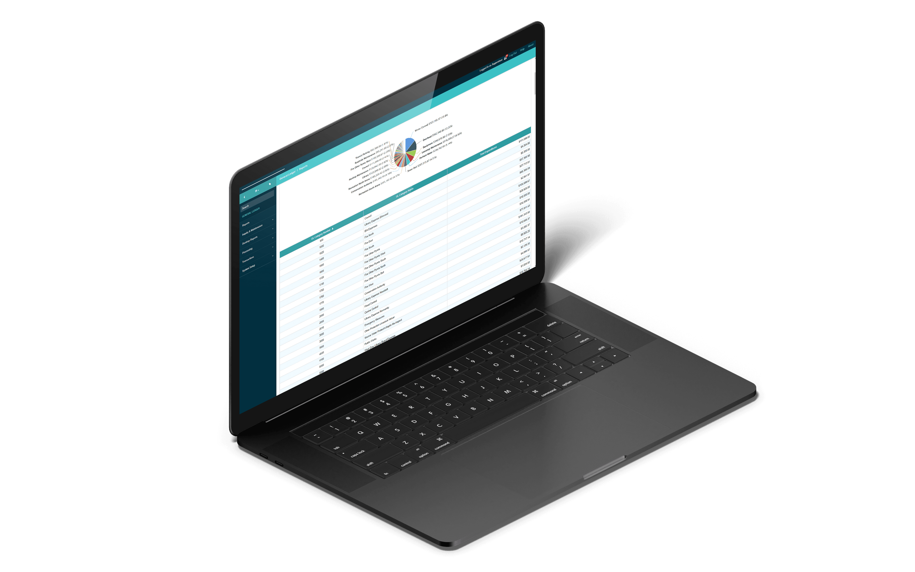 A laptop displays a data table within CentralSquare's Vadim-iCity solution.