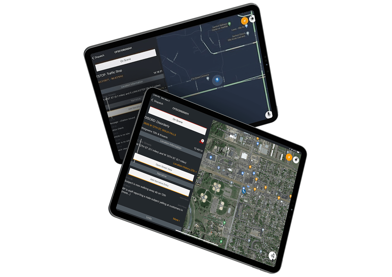 Two tablets are seen displaying different views of the CentralSquare Field Ops interface.