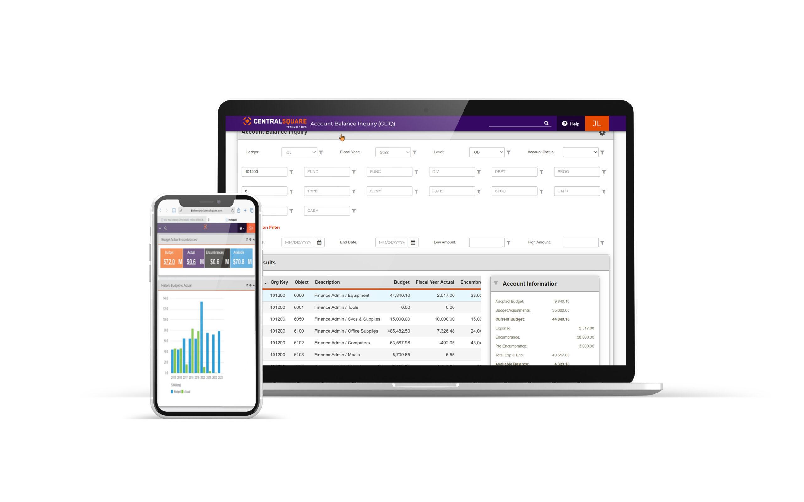 A mobile phone and laptop both display different views of the CentralSquare Finance Enterprise solution.