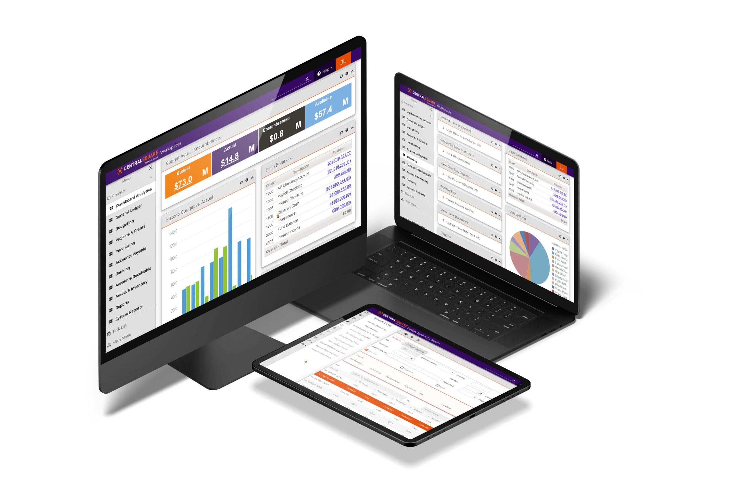 A desktop, laptop and tablet all display three different views of CentralSquare's sleek and modern Finance Enterprise solution interface.