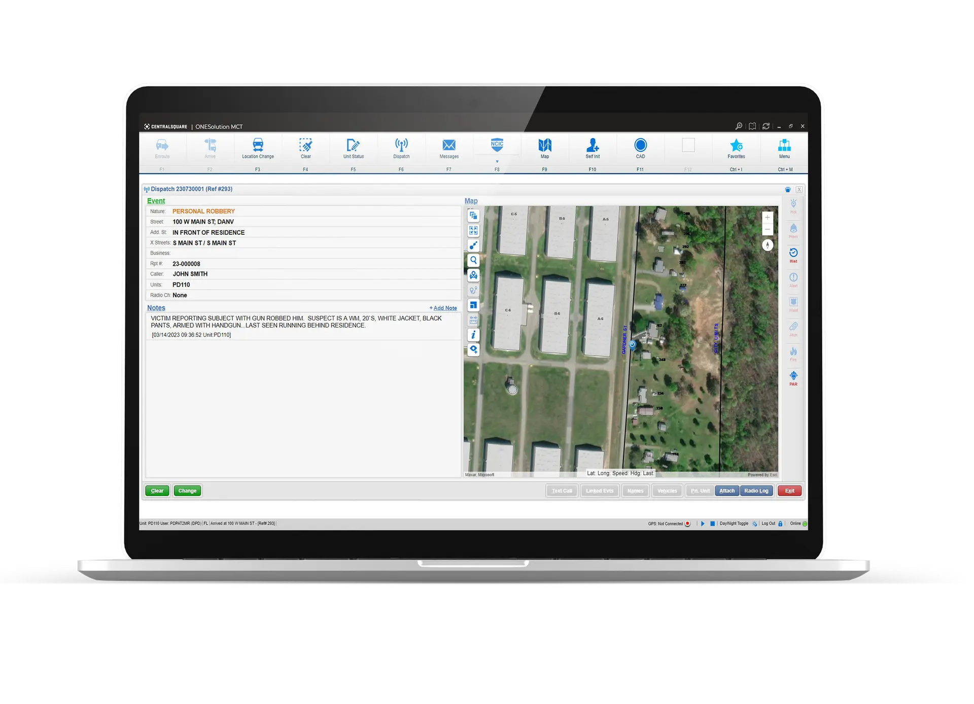 A screenshot of a laptop running CentralSquare's ONESolution suite of public safety software.