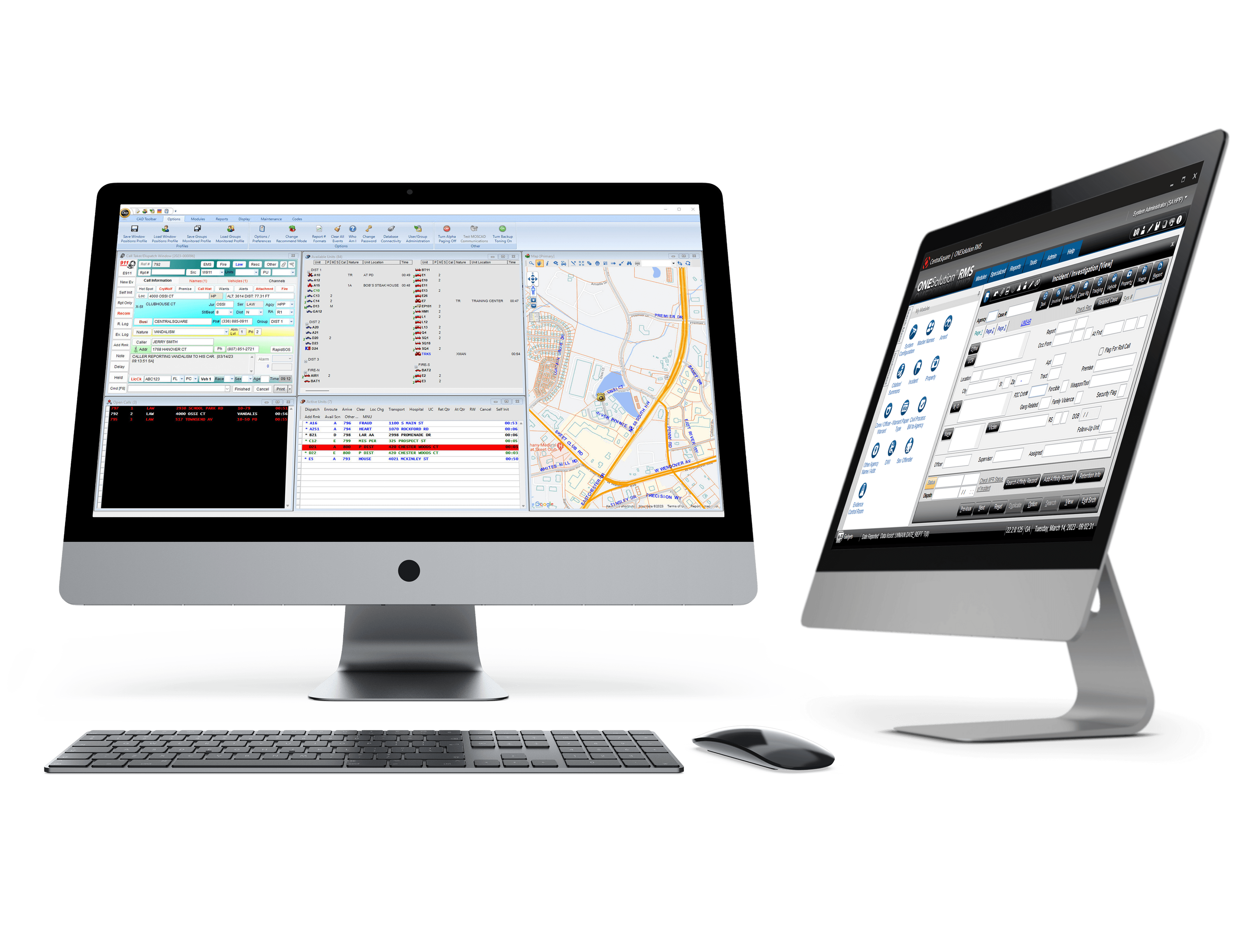 A screenshot of two computers running CentralSquare ONESolution suite of public safety software.