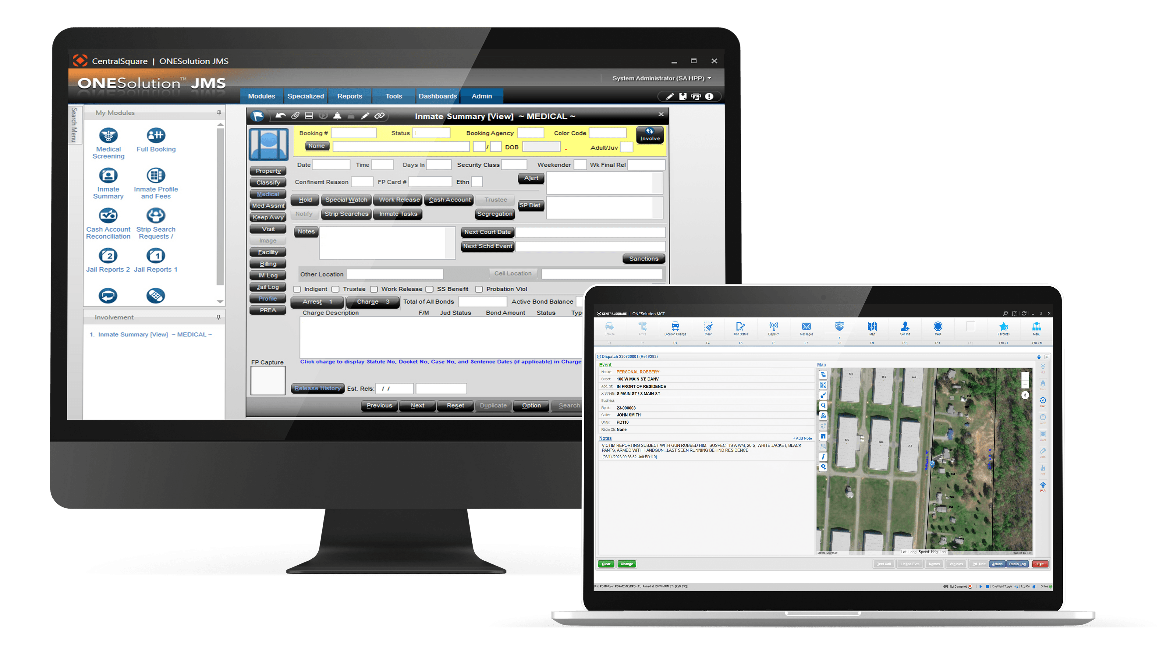 A screenshot of two computers running CentralSquare's ONESolution suite of public safety software.