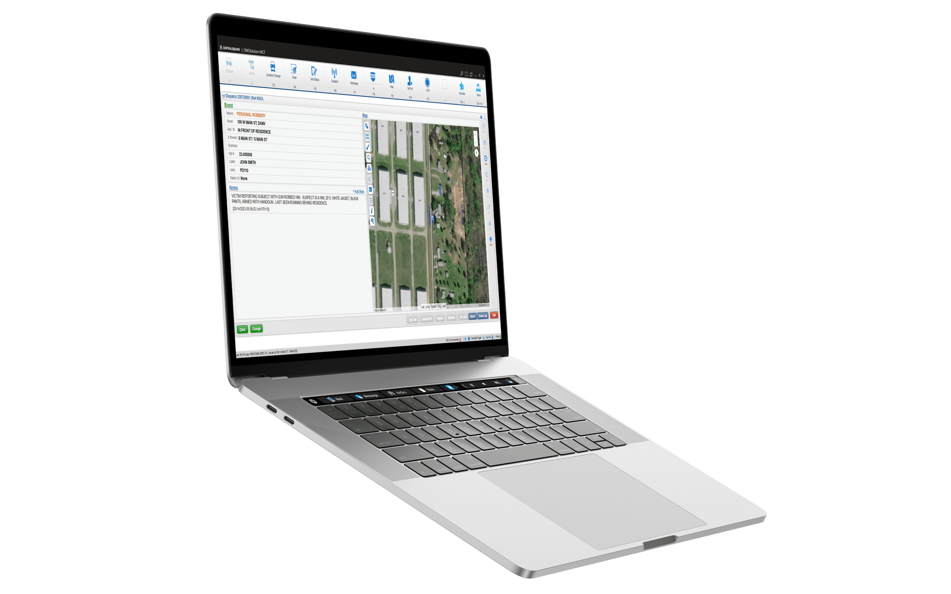 A screenshot of a laptop running CentralSquare ONESolution suite of public safety software.