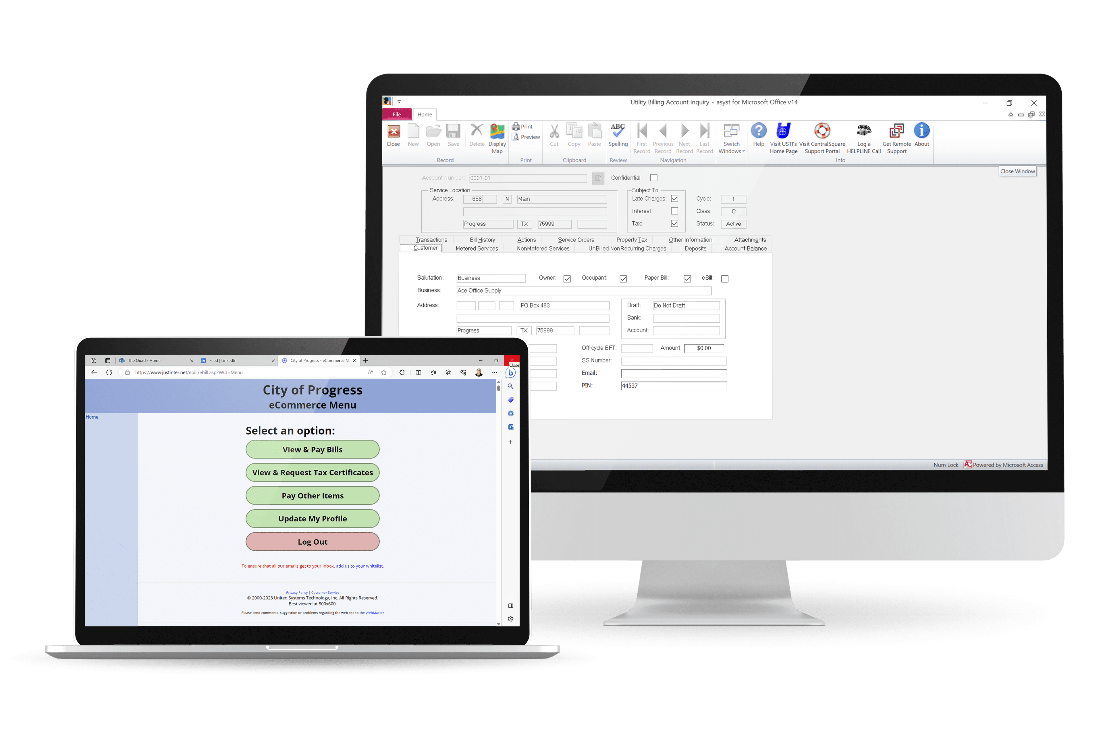 A screenshot of CentralSquare's Govasyst software suite on a laptop and desktop computer.