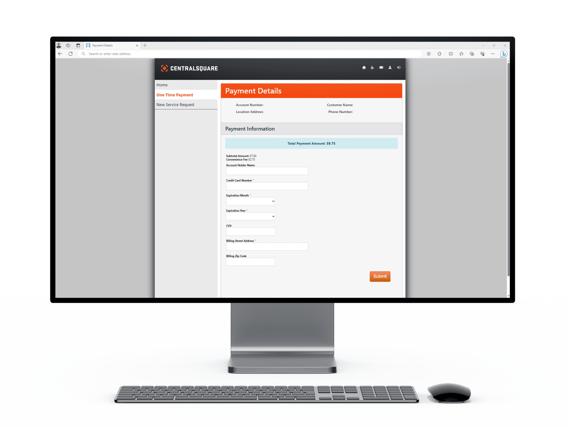 A desktop displays CentralSquare's Payments solution interface.