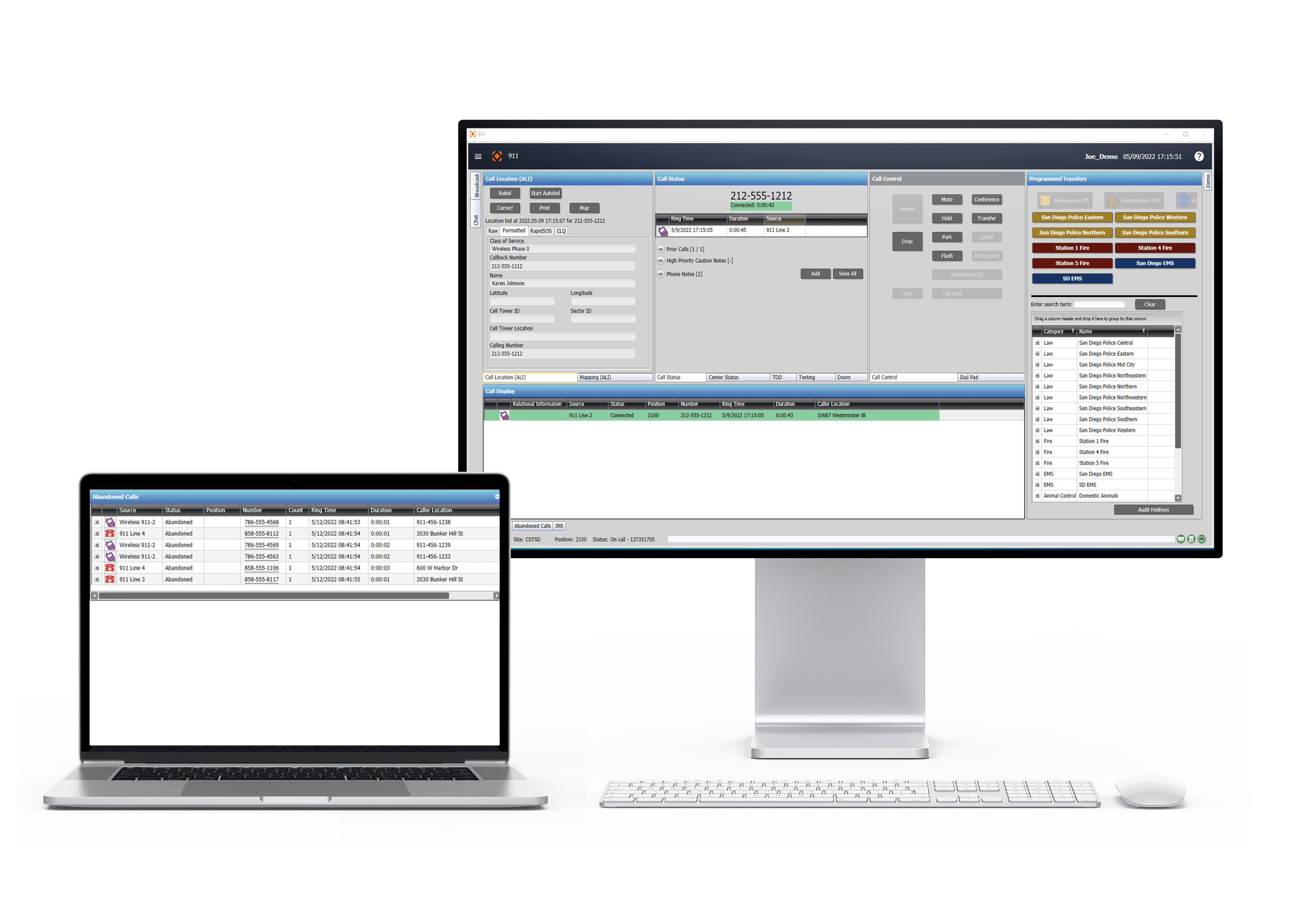 CentralSquare's 911 call-taking solution on both a desktop and laptop computer screen.