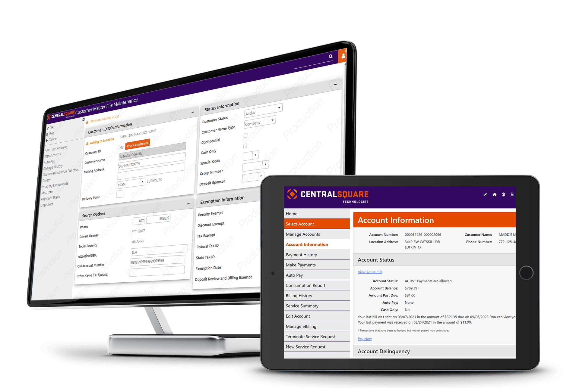 Product image of CentralSquare's Utility Billing solution. The image shows how it works on both a desktop computer, as well as a mobile tablet.
