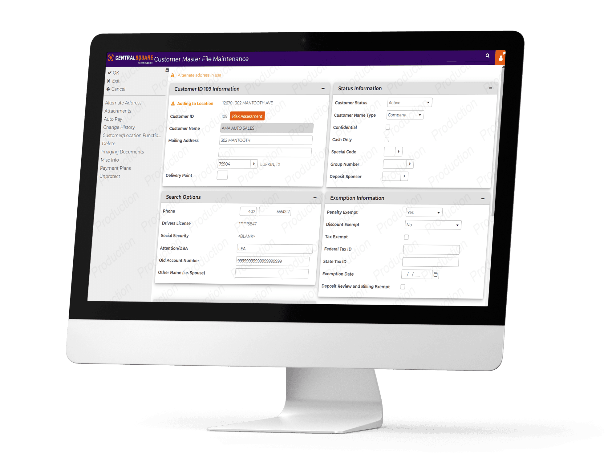 Screenshot of CentralSquare's Utility Billing solution on a desktop computer.