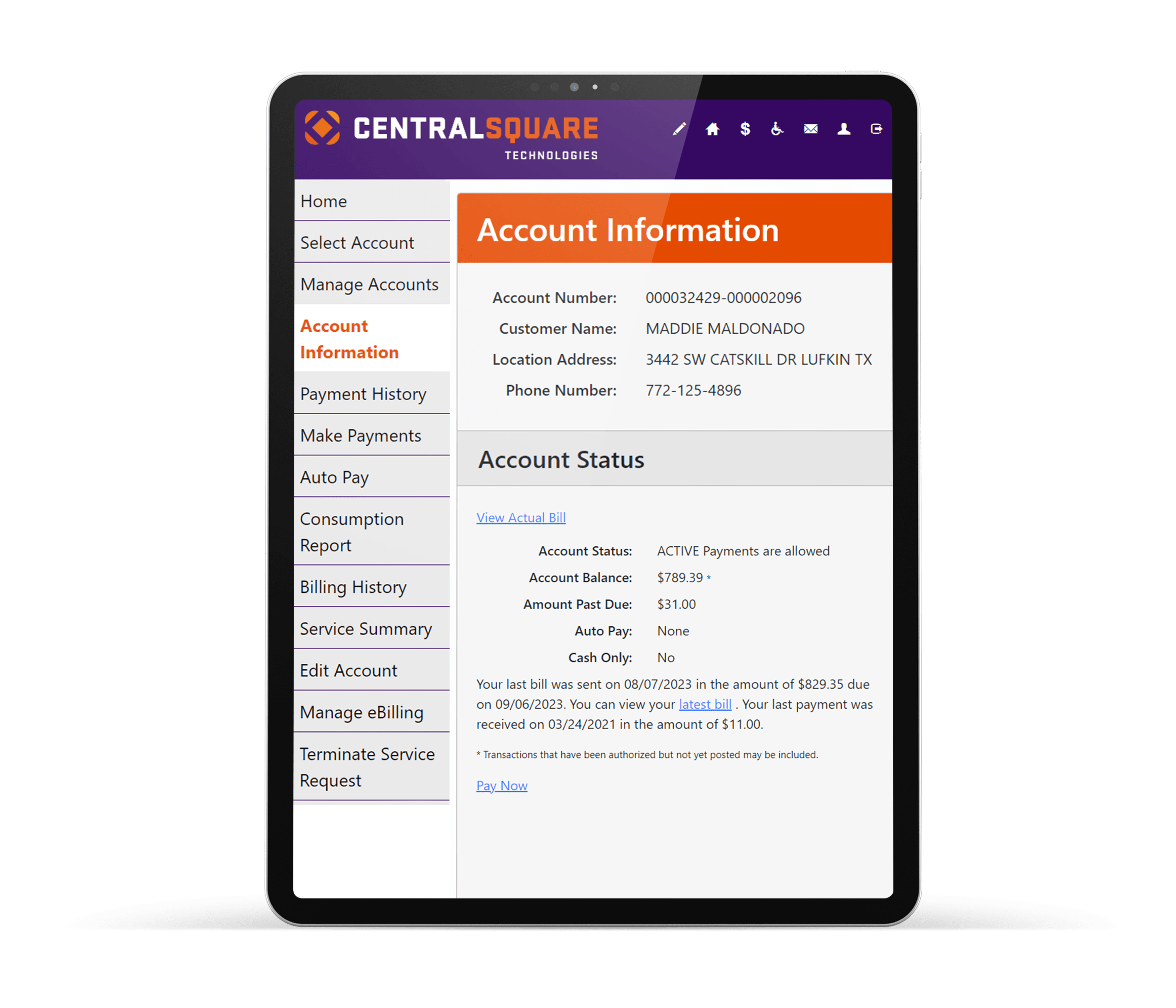 Screenshot of CentralSquare's Utility Billing solution on a tablet.