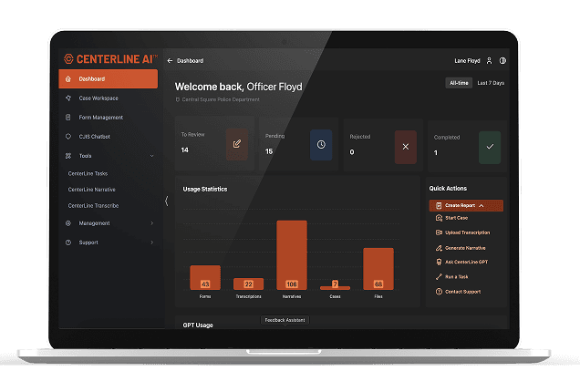 Centerline AI mockup showing the dashboard page.