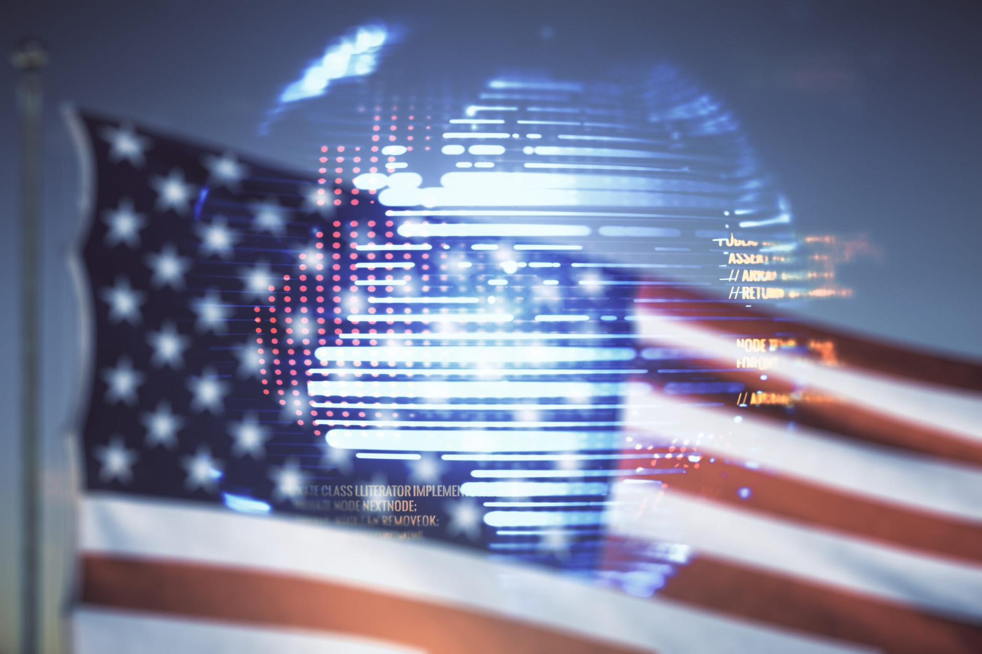 Double exposure of abstract creative programming illustration and world map on US flag and blue sky background, big data and blockchain concept